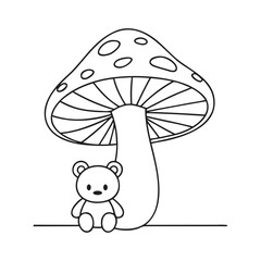 Charming line art illustration of a teddy bear under a mushroom © Md