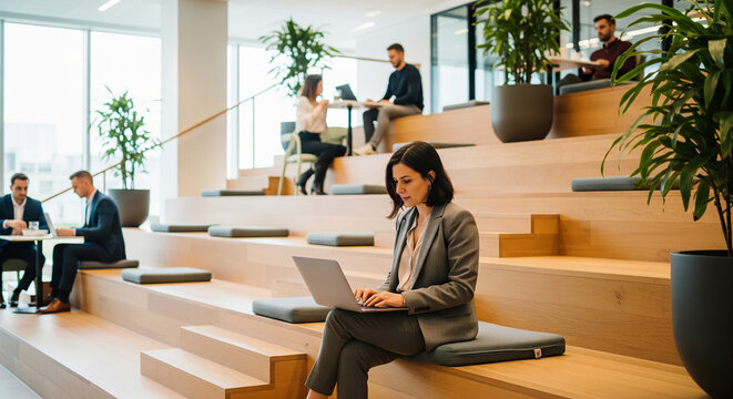 A businesswoman sitting thoughtfully on modern wooden stairs with a laptop, representing flexible work, planning, and creative thinking