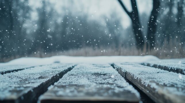 Snow falling on a wooden surface, blurred winter forest background.