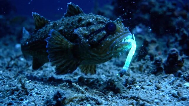 Close-up shot of a camouflage scorpion fish hiding in the sandy ocean floor underwater
