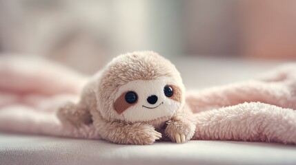 Fototapeta premium Cute sloth plush toy relaxing on soft blanket with vibrant background. This adorable sloth plush toy captures a cozy moment on a soft blanket in a warm setting