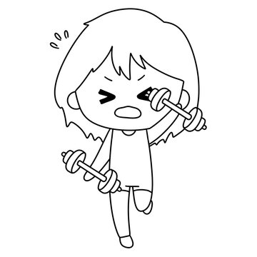 Cartoon girl lifts weights with fierce determination