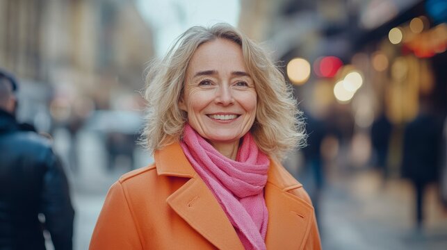 Smiling middle-aged woman in orange coat and pink scarf, city street background.