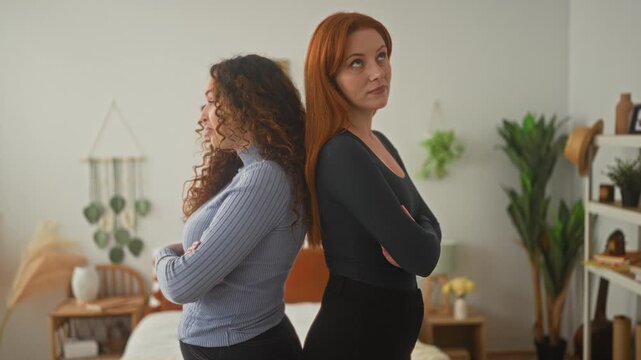 Two women standing back to back with crossed arms and varied annoyed expressions beside a bed, plants, shelf and macrame wall hanging in a bedroom; tension stubbornness.