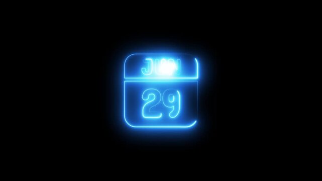 Glowing neon calendar june 29 date animation on black background