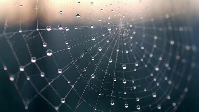Spider web glistening with morning dew in soft natural light