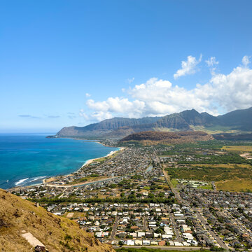 Mountain Top View of Hawaiian Coastal Town
