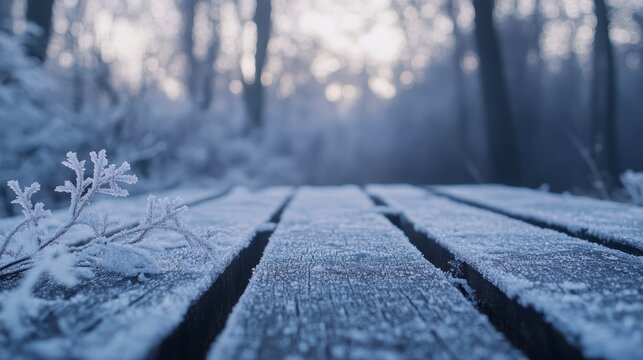 Snowy wooden bench in a misty winter forest.