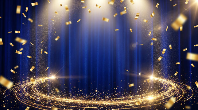 Blue stage with falling gold confetti and vertical light beams perfect for celebration and grand opening ceremonies