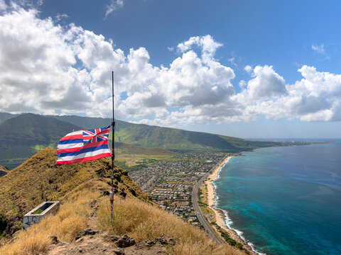Hawaiian State Flag on Mountain Top