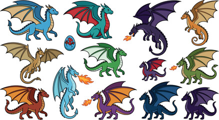 Obraz premium Fantasy Mythical Dragon Character Vector Set with Fire Breathing Flying Monsters and Egg Elements for Children Storybooks and Roleplaying Video Game Designs