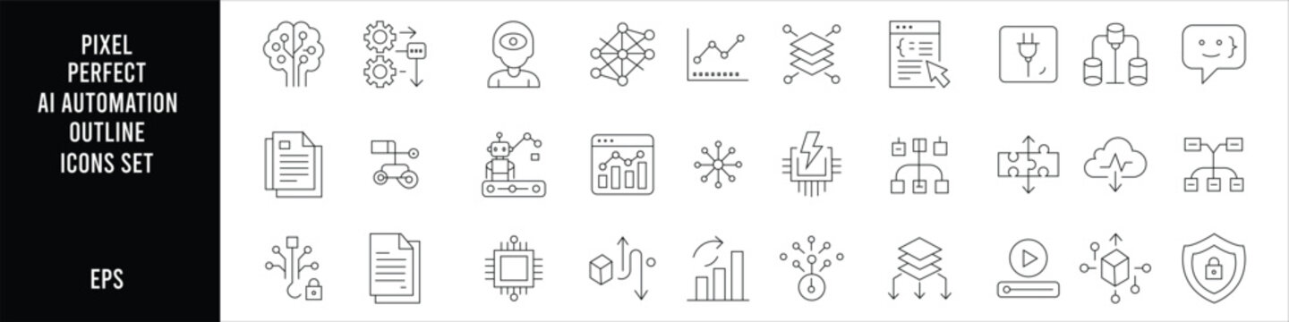 Minimal black and white AI automation outline icon set editable stroke pixel perfect monoline vector collection for artificial intelligence workflow technology interface design