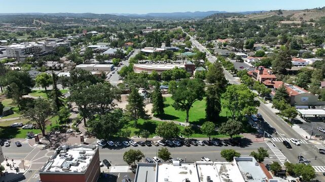 Paso Robles, California, USA - Drone View of Small Town Downtown Vineyards and Wineries on a Sunny Day