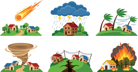 Natural Disaster Vector Scene Set with Meteor Strike Thunderstorm Hurricane Tornado Earthquake and Wildfire for Emergency Safety and Insurance Graphic Designs © Rashidul