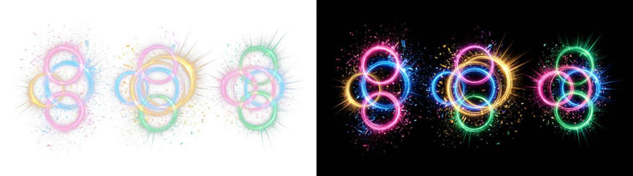 Abstract glowing circular particles and rings overlay set with abstract