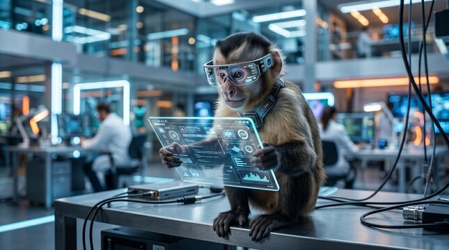 A monkey uses advanced holographic technology in a high-tech laboratory setting. Concept innovation, technology, research, futuristic science images for educational and commercial use. Generative AI