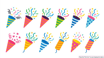 Colorful Party Popper Icon Set Exploding with Confetti Streamers and Stars for Festive Celebrations Birthday Greetings New Year Events and Creative Graphic Designs © MdGohurul