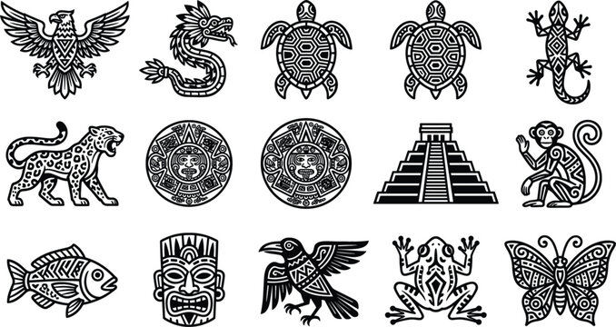 Aztec and Mayan Tribal Totem Icon Set with Traditional Mexican Culture Patterns Sacred Animals Geometric Ornaments Pyramids and Indigenous Civilization Design Elements