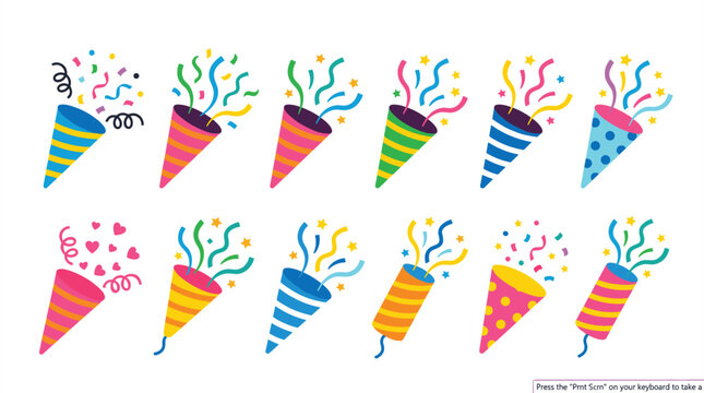 Colorful Party Popper Icon Set Exploding with Confetti Streamers and Stars for Festive Celebrations Birthday Greetings New Year Events and Creative Graphic Designs