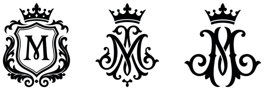 Three black-and-white vector monograms with ornate crowns, initials m, and decorative flourishes.