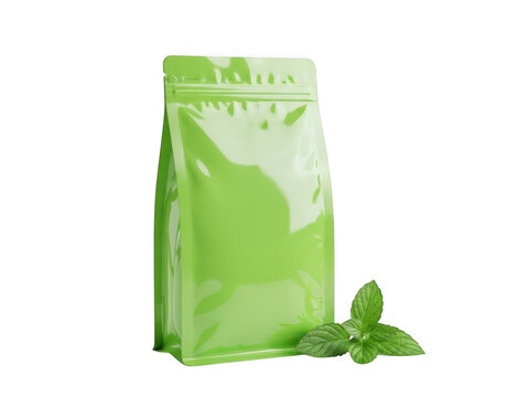 Green tea bag package standing upright