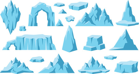 Arctic Iceberg and Glacier Vector Element Set with Floating Ice Floes Frozen Mountains and Arches for Winter Nature and Climate Change Graphic Designs © Rashidul
