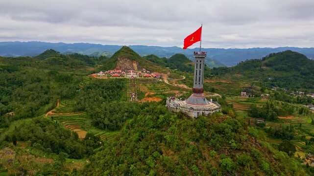 Vietnamese flag flying at Lung Cu flagpole in Ha Giang