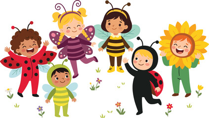 Cute diverse kids wearing insect and flower costumes vector set with happy cartoon children dressed as ladybug butterfly bee and sunflower isolated on white © MdSaddam