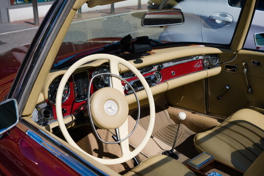 VERONA, ITALY - JUNE 7: Detailed view of a stationary vintage 1960s Mercedes classic car on June 7