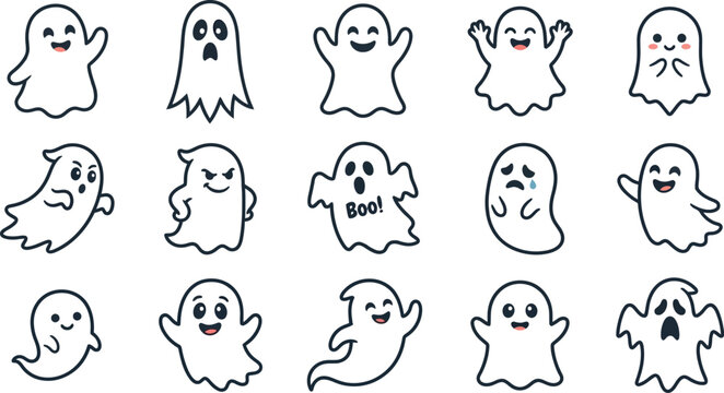 Cute halloween ghost characters set kawaii spooky ghosts for holiday designs and decorations