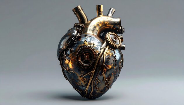 Intricate mechanical heart sculpture with gears, brass, and dark metal