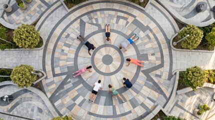 Obraz premium Aerial perspective of people exercising on a circular patterned plaza. Concept of fitness, outdoor activity, and teamwork, offering commercial value for health and urban lifestyle themes Generative AI