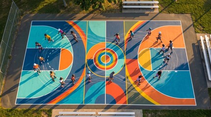Fototapeta premium Aerial photo of people skating on a vibrant, multicolored court. Concept includes community, sports, recreation, and youth activity, ideal for lifestyle imagery. Generative AI