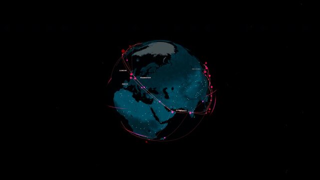 Vertical 90 degree orbital pass observing a cyber warfare globe background featuring a clean digital earth with no overlays inside a meridian data points, captured with an expansive panoramic framing.