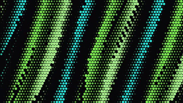 Abstract Dotted Stripes: A vibrant and dynamic abstract pattern featuring diagonal stripes formed by numerous small, glowing dots in shades of green and blue against a dark background.