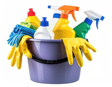 Bucket brimming with cleaning supplies, gloves, sponges, and cloths