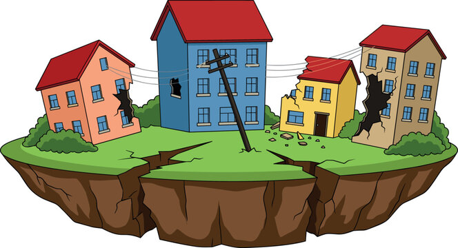 Earthquake Natural Disaster Vector Illustration with Cracked Ground Destroyed Houses and Broken Power Line Pole for Emergency Safety Educational Designs