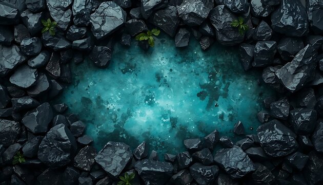 A serene natural pool nestled among dark rocks, lush green foliage providing a striking contrast.