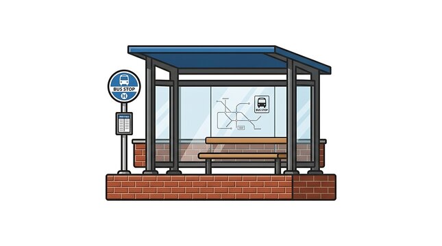 Empty Bus Stop Shelter with Bench and Signage in Minimalist Style