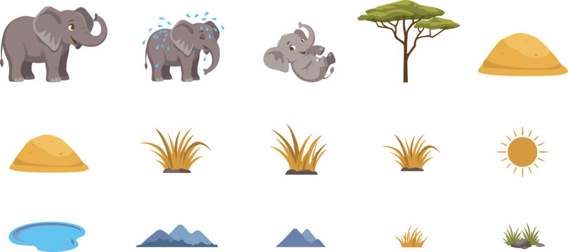 PrintCute cartoon baby elephant character vector set with acacia tree, savanna grass patches, mud hills, water puddle, mountains, and sun for children illustrations