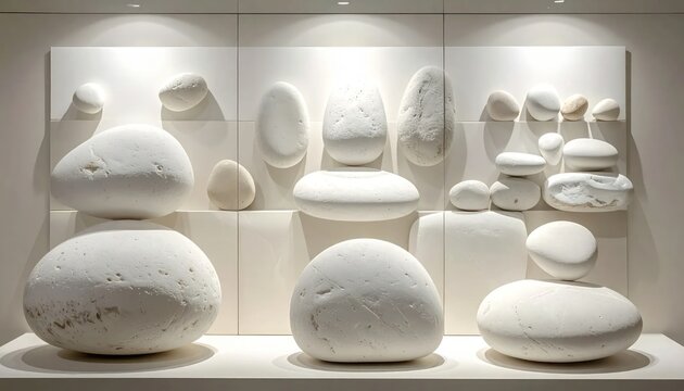 Zen Stone Sculpture Display: Smooth White Pebbles Arranged Artfully on Textured White Background