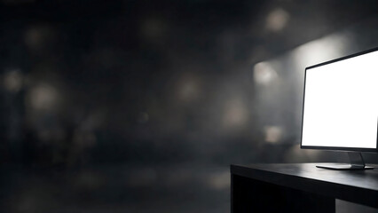 Fototapeta premium Minimalist Workspace Featuring a Bright Computer Display against a Dark Atmospheric Background