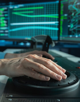 Operator hand using a large dial jog wheel console with background digital analytics graph screen