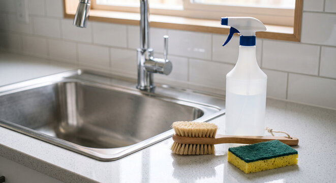 Spray bottle, brushes, sponges, and folded cloths beside a sink for cleaning a kitchen or utility surface in a clean indoor maintenance setting