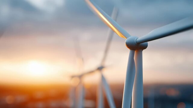 Solar panels gleam in morning light. Wind turbines spin, harnessing clean energy. Distant city skyline glows softly. Nature meets innovation in this quiet scene. Ideal for renewable energy