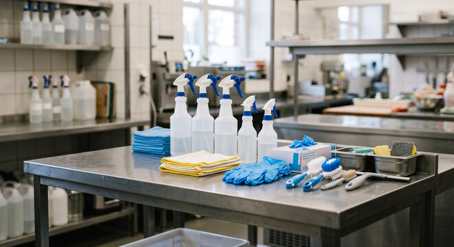 Cleaning supplies, gloves, spray bottles, and microfiber cloths arranged on a stainless steel table in a utility workroom