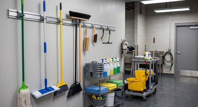 Janitorial storage area with wall mounted mops, brooms, buckets, and cleaning carts arranged for building maintenance in a clean indoor maintenance setting
