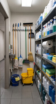 Narrow janitorial supply aisle with shelves of cleaning products, buckets, and tools arranged for facility service work in a clean indoor maintenance setting