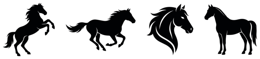 Fototapeta premium Horse silhouette collection with galloping rearing and head profile icons for equestrian.