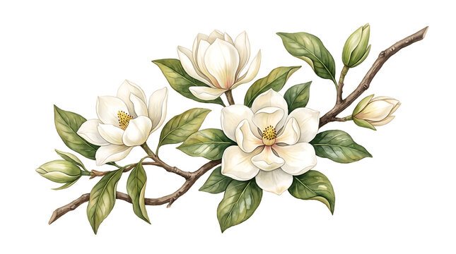Hand-drawn Watercolor Botanical Element Set with White Flowers and Green Leaves for Spa and Wedding Designs